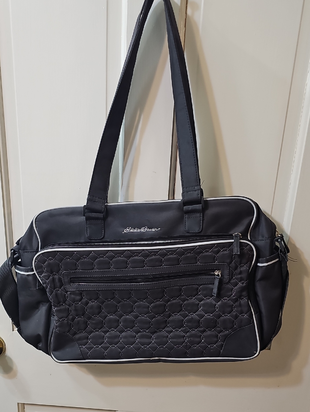 Eddie Bauer Black Quilted Baby Bag with White Piping